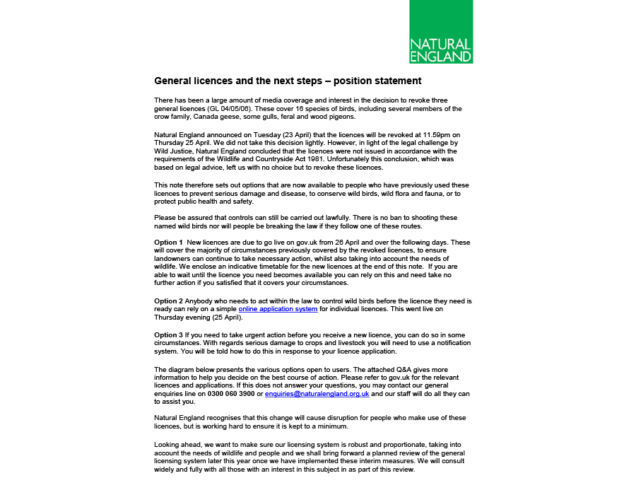 General licences and the next steps – position statement